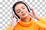 Headphones, calm music and woman in studio, blue background and backdrop. Peace, female model and listening to music, relax and streaming album on audio connection, sound or hearing zen radio podcast