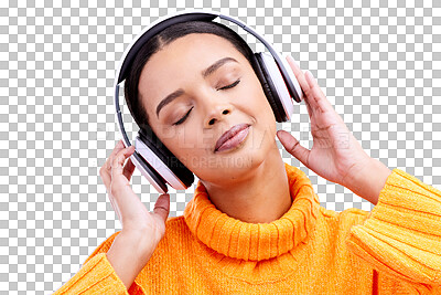 Headphones, calm music and woman in studio, blue background and backdrop. Peace, female model and listening to music, relax and streaming album on audio connection, sound or hearing zen radio podcast