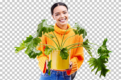 Portrait of woman in studio with house plant, smile and happiness with plants on blue background. Gardening, sustainable green hobby and happy gen z girl in mockup space for eco friendly garden shop.