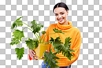 Sustainability, portrait of happy woman in studio with plant and smile with house plants on blue background. Gardening, sustainable green hobby and gen z girl in mockup space for eco friendly garden.