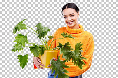Sustainability, portrait of happy woman in studio with plant and smile with house plants on blue background. Gardening, sustainable green hobby and gen z girl in mockup space for eco friendly garden.