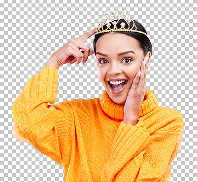 Pointing, crown and portrait of woman in studio for celebration, princess and party. Smile, beauty and fashion with female and tiara on blue background excited for achievement, winner and prom event