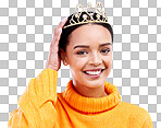 Pride, crown and portrait of woman in studio for celebration, princess and party. Smile, beauty and fashion with female and tiara on blue background excited for achievement, winner and prom event