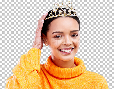 Pride, crown and portrait of woman in studio for celebration, princess and party. Smile, beauty and fashion with female and tiara on blue background excited for achievement, winner and prom event