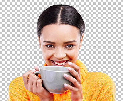 Coffee, woman portrait and smile in studio with happiness and mug. Isolated, blue background and happy female model and young person with casual winter fashion and joy from tea drink smiling