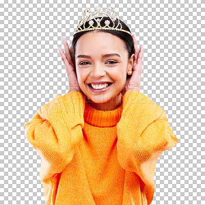Excited, crown and portrait of woman in studio for celebration, princess and party. Smile, beauty and fashion with female and tiara on blue background for achievement, winner and prom event