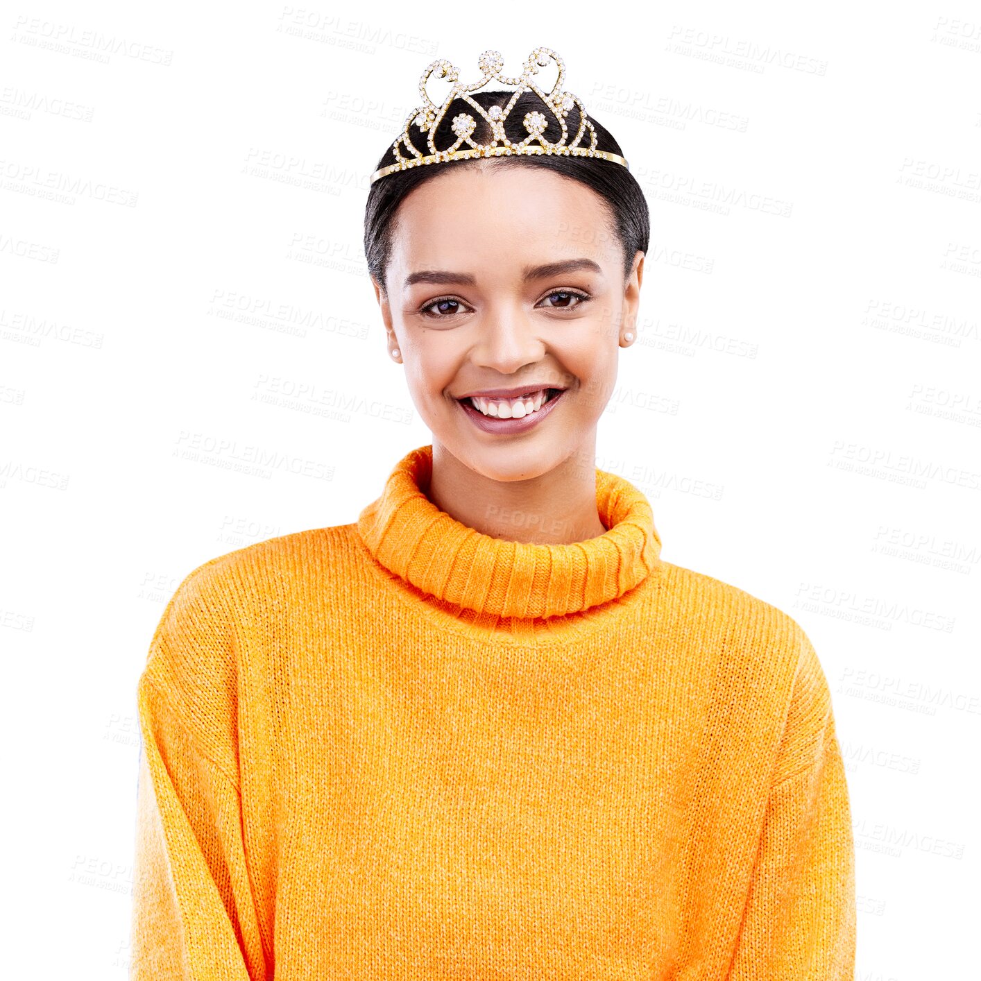 Buy stock photo Princess, crown and portrait of happy woman with dress up and vintage tiara for event. Smile, beauty and fashion with female person and excited from prom win isolated on a transparent, png background