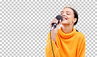 Singer woman, crown and microphone in studio mockup with smile for singing performance by blue background. Happy gen z girl, model or recording artist mic for karaoke, music and mock up with tiara