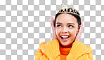 Mockup, crown and happy with woman in studio for celebration, princess and party. Smile, beauty and fashion with female and tiara on blue background excited for achievement, winner and prom event