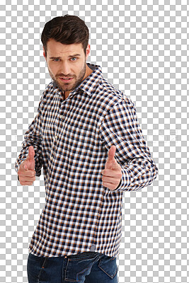 Buy stock photo Man, face and finger gun in studio for fashion and trendy clothes isolated on a png transparent background. Portrait, person and casual style with pointing emoji, gesture or icon and confidence smirk