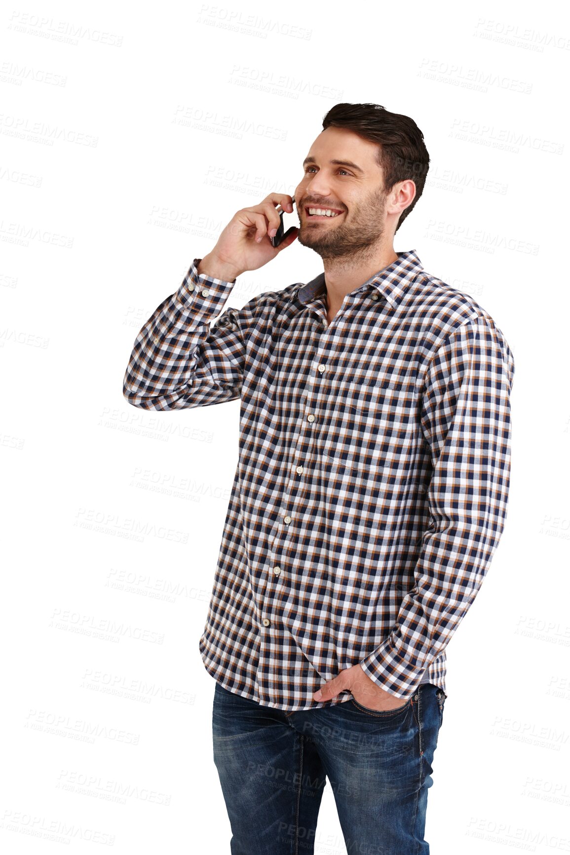 Buy stock photo Thinking, happy and a man on a phone call for communication, conversation or contact. Smile, idea and a young person speaking on a mobile and isolated on a transparent png background for discussion