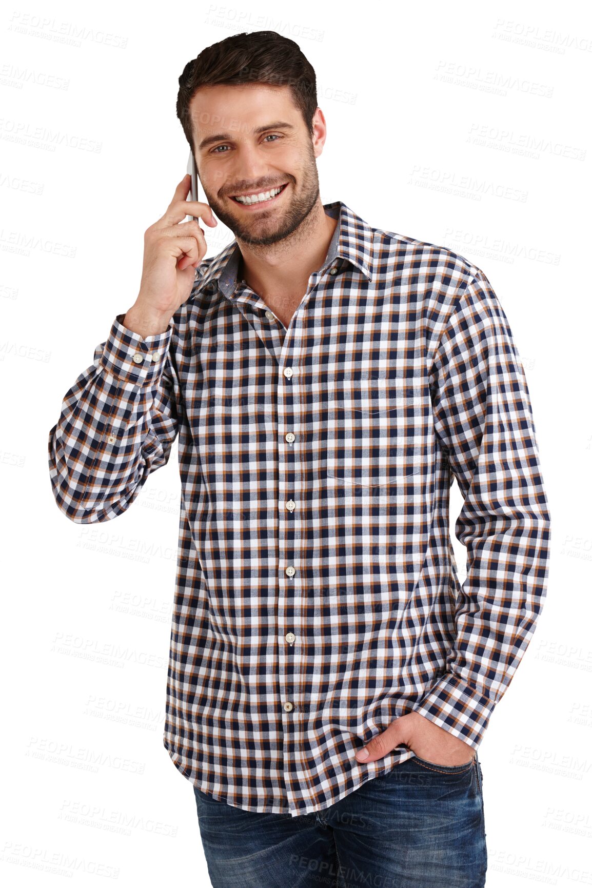 Buy stock photo Business man, phone call and portrait for communication, career networking or happy discussion. Young marketing employee with mobile chat for project or startup isolated on transparent png background