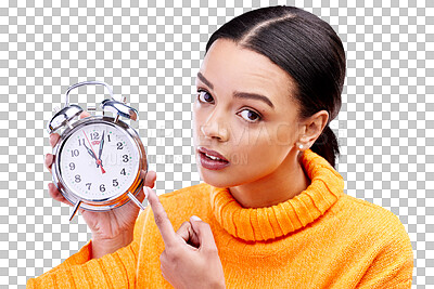 Woman, annoyed and point at alarm clock in portrait for warning by blue background in studio. Gen z girl, student and model with watch, time management and schedule with angry face to start morning