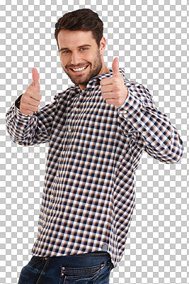 Buy stock photo Man, face and thumbs up in studio for fashion and trendy clothes isolated on a png transparent background. Portrait, person and casual style with agree or yes emoji or gesture and confidence smile