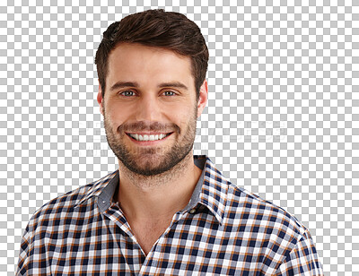 Buy stock photo Isolated man, smile and portrait with casual style, pride and confident by transparent png background. Person, student and trendy shirt for fashion with beard, face and clothes for modern aesthetic