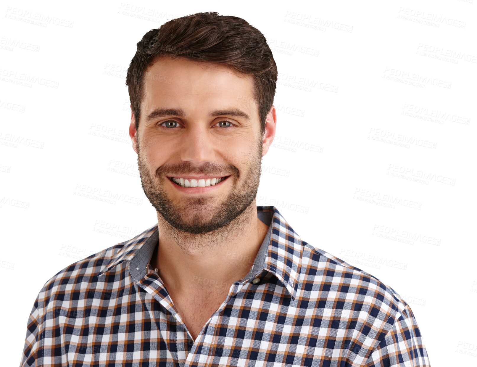 Buy stock photo Isolated man, smile and portrait with casual style, pride and confident by transparent png background. Person, student and trendy shirt for fashion with beard, face and clothes for modern aesthetic