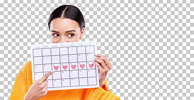 Calendar, period and woman on blue background with heart for schedule, planning and menstruation in studio. Reminder mockup, monthly and eyes of girl with poster for date, weekly planner and cycle
