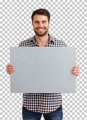 Buy stock photo Business man, poster mockup and marketing space for presentation of creative opportunity, news and announcement. Portrait of happy worker and board presentation isolated on transparent png background