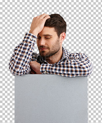 Buy stock photo Isolated man, depression and blank poster with mockup space, fail or worry by transparent png background. Student, person and anxiety with thinking, mistake and stress with billboard, placard or sign