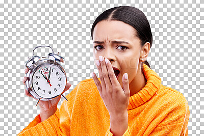 Portrait, surprise and woman with an alarm clock, late and deadline with girl against a blue studio background. Face, female model and person with time, shocked and stress with schedule and wow