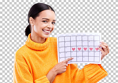 Happy, portrait and woman with a calendar in a studio to track her menstrual or ovulation cycle. Happy, smile and face of a female model pointing to a paper period chart isolated by a blue background