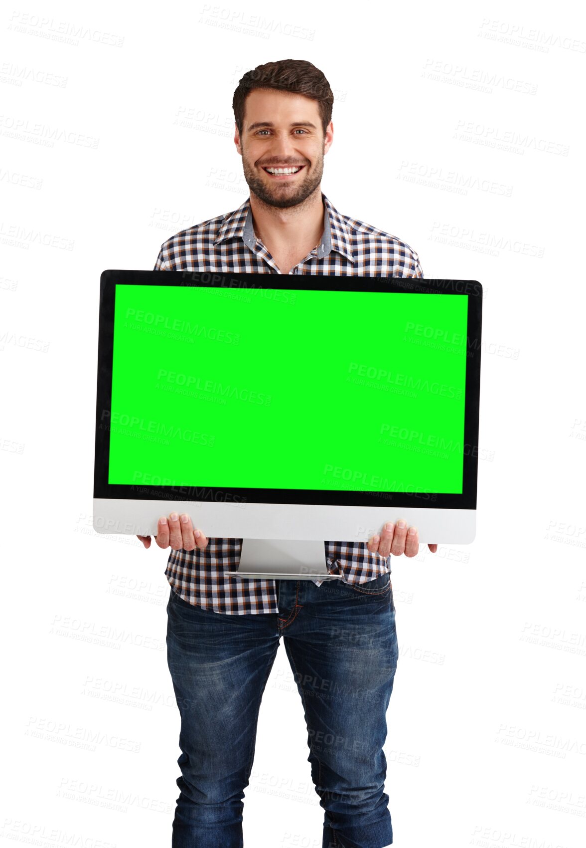 Buy stock photo Business man, computer green screen and mockup presentation for website design, news or information. Portrait of graphic designer in startup, space and monitor isolated on transparent, png background