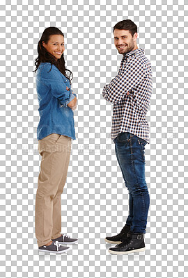 Buy stock photo Happy couple, smiling and standing with arms folded, boyfriend and girlfriend and with happiness. Married, lovers and with smile, portrait and togetherness and isolated on transparent png background