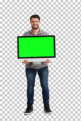 Buy stock photo Happy man, computer green screen and mockup presentation for website design and business branding. Portrait of web designer with startup marketing on monitor isolated on a transparent, png background