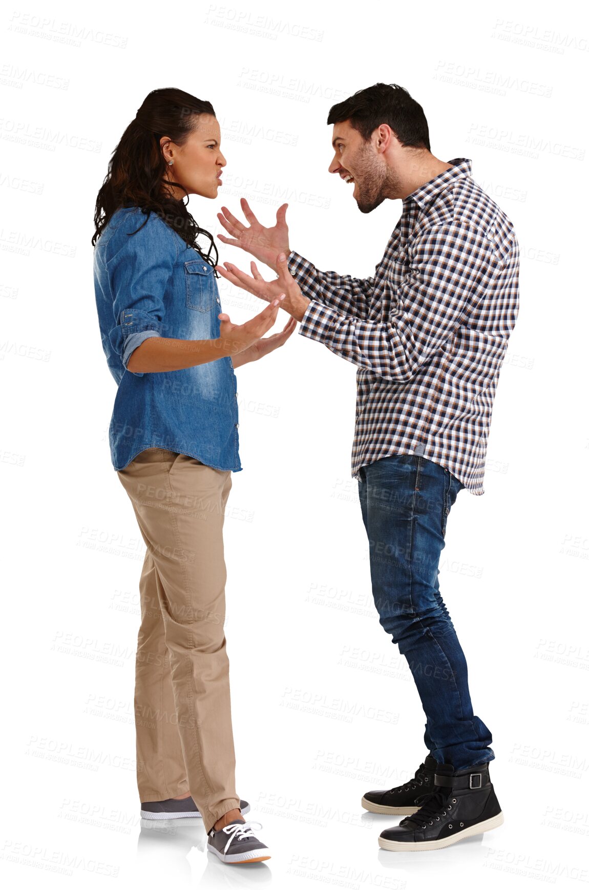 Buy stock photo Argument, angry and young couple in divorce, break up and fighting for toxic relationship problem. Conflict, upset and man and woman from Canada shouting isolated by transparent png background.