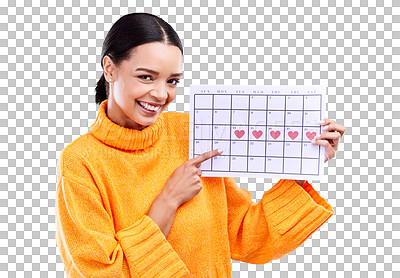 Health, portrait and female with a calendar in a studio to track her menstrual or ovulation cycle. Happy, smile and face of a woman model pointing to a paper period chart isolated by blue background.