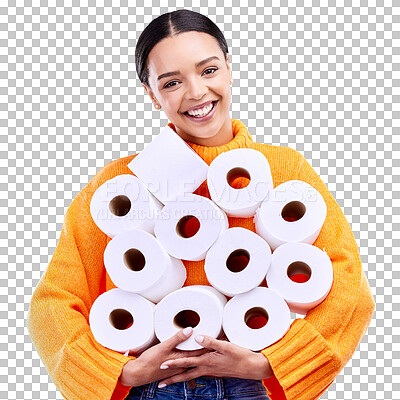 Toilet paper, young woman and portrait with happiness and smile in a studio. Isolated, blue background and happy female person and youth model with tissue rolls stock and gen z fashion smiling