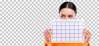 Calendar, thinking and woman on blue background with poster for schedule, planning and agenda in studio. Time management, strategy and girl with month template for date, weekly planner and event