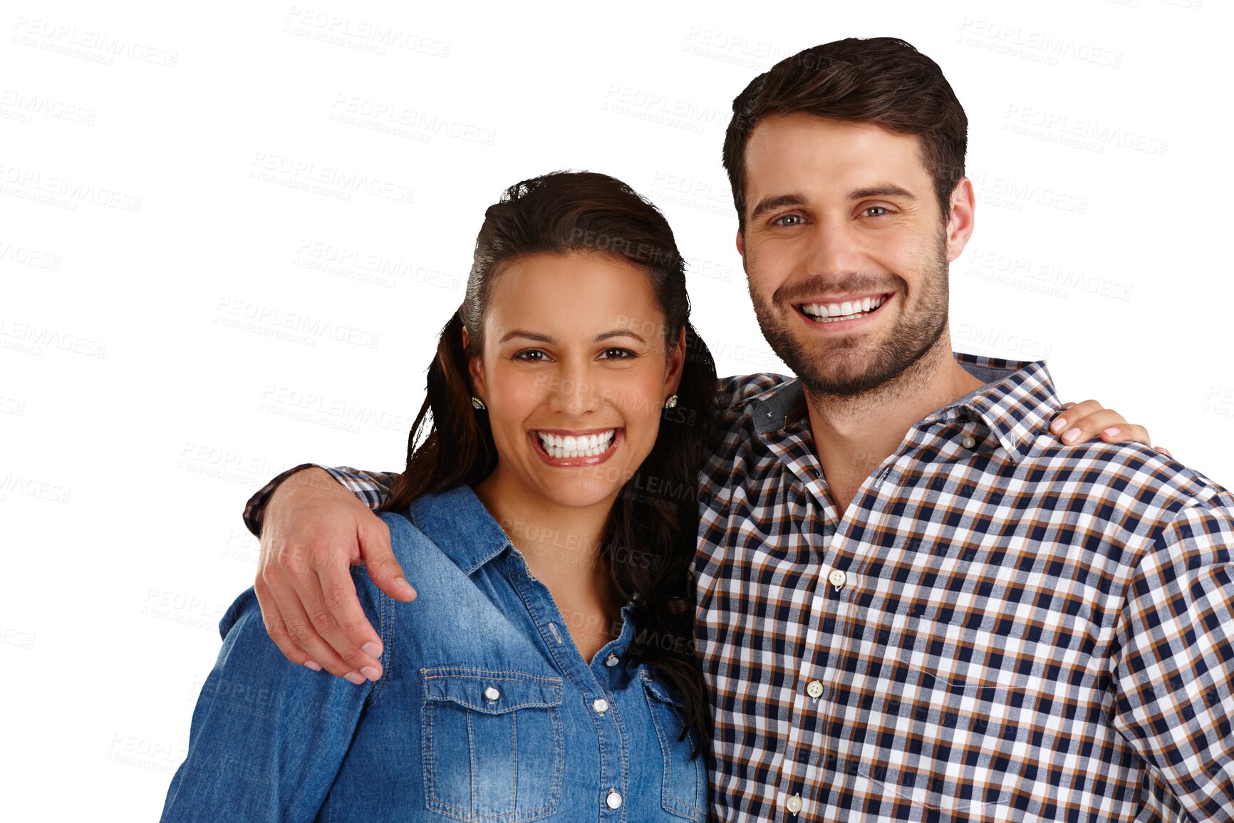 Buy stock photo Happy, couple and portrait with a smile together on isolated, transparent or png background with hug or embrace. Partners, love and relax with happiness on face on anniversary, date or bonding