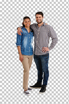 Buy stock photo Smile, love and portrait of young couple in casual outfit for connection, care and bonding. Happy, excited and full body of man and woman hugging or embracing isolated by transparent png background.