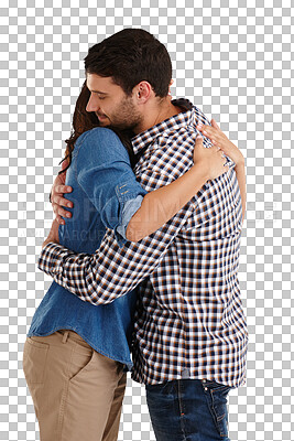 Buy stock photo Love, care and young couple hugging for reconciliation, connection and pride for relationship. Happy, romance and man embracing his woman with sweet gesture isolated by transparent png background.