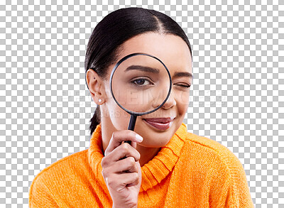 Search, portrait and female with a magnifying glass in a studio for an investigation or detective cosplay. Happy, smile and headshot of a woman model with a zoom magnifier isolated by blue background
