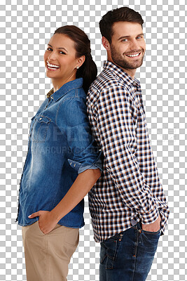 Buy stock photo Portrait, love and smile with a couple back together isolated on a transparent background for support. Happy, date or romance with a man and woman leaning on PNG for relationship trust or fashion