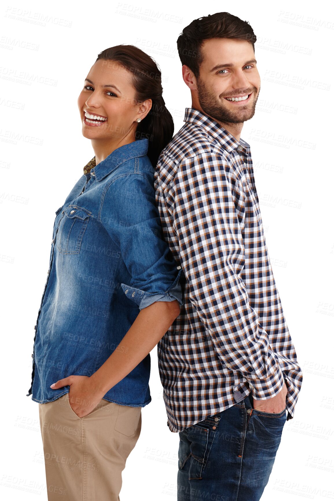 Buy stock photo Portrait, love and smile with a couple back together isolated on a transparent background for support. Happy, date or romance with a man and woman leaning on PNG for relationship trust or fashion