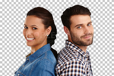 Buy stock photo Happy couple, portrait and pose with smile for happiness isolated on transparent png background. Partnership, casual clothing and connection for support in relationship, fun with confidence or love