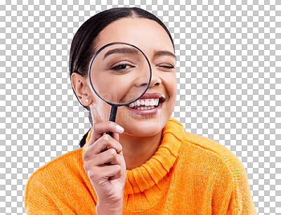 Buy stock photo Woman eye, magnifying glass and happy portrait and search and closeup for investigation. Detective face, study and research with lens for inspection and check isolated on transparent, png background