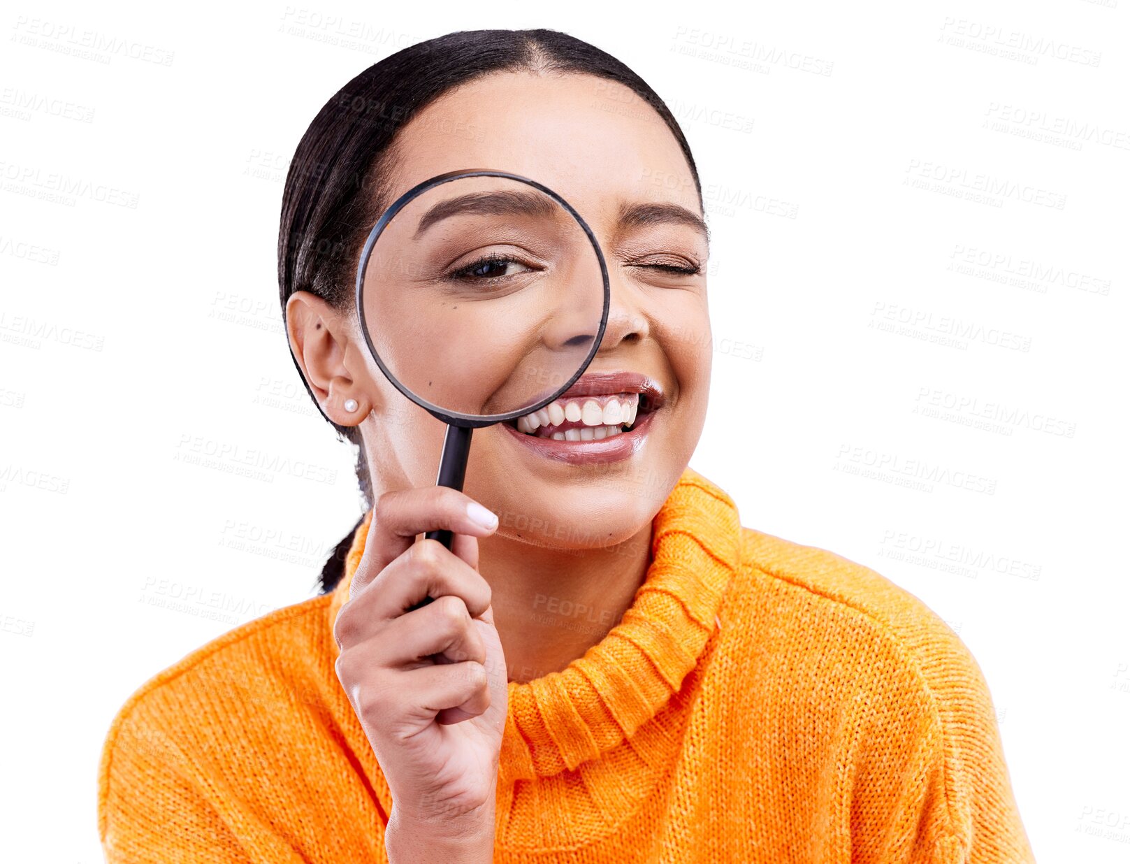 Buy stock photo Woman eye, magnifying glass and happy portrait and search and closeup for investigation. Detective face, study and research with lens for inspection and check isolated on transparent, png background