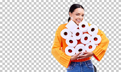 Buy stock photo Portrait, happy and toilet paper with a gen z woman isolated on a transparent background to stock supplies. Smile, inventory and tissue with a young person carrying essentials on PNG for hygiene