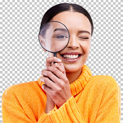Smile, portrait and woman with a magnifier in a studio for an investigation or detective cosplay. Happiness, excited and headshot of a female model with a magnifying glass isolated by blue background