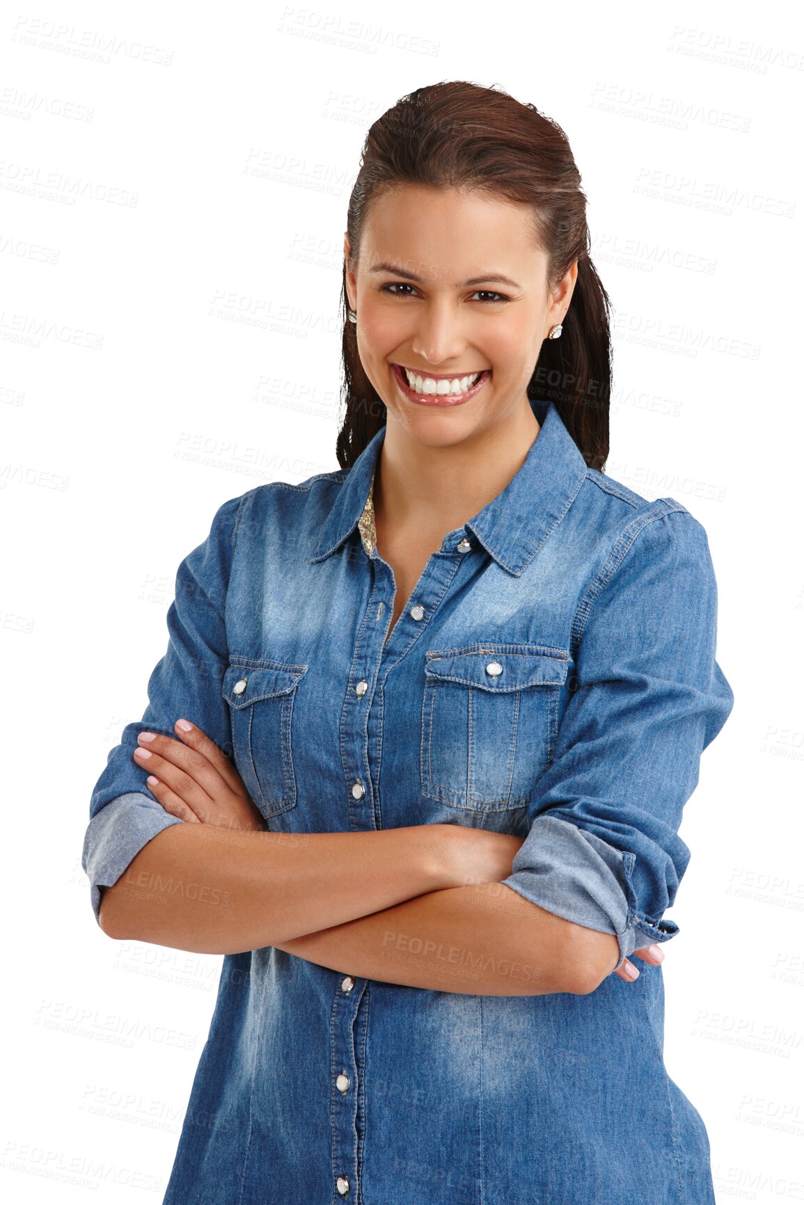 Buy stock photo Happy, portrait and a woman with arms crossed for pride isolated on a transparent png background. Elegant fashion, denim and a model or girl with style, confidence and stylish with empowerment