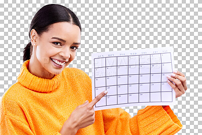 Calendar, point and portrait of woman on blue background for schedule, planning and agenda in studio. Time management, strategy and girl with month poster for date, weekly planner and event reminder