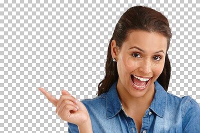 Buy stock photo Woman, face and excited with pointing finger or hand on a png transparent background for advertising space or marketing. Person, happiness and portrait for product placement, design or advertisement