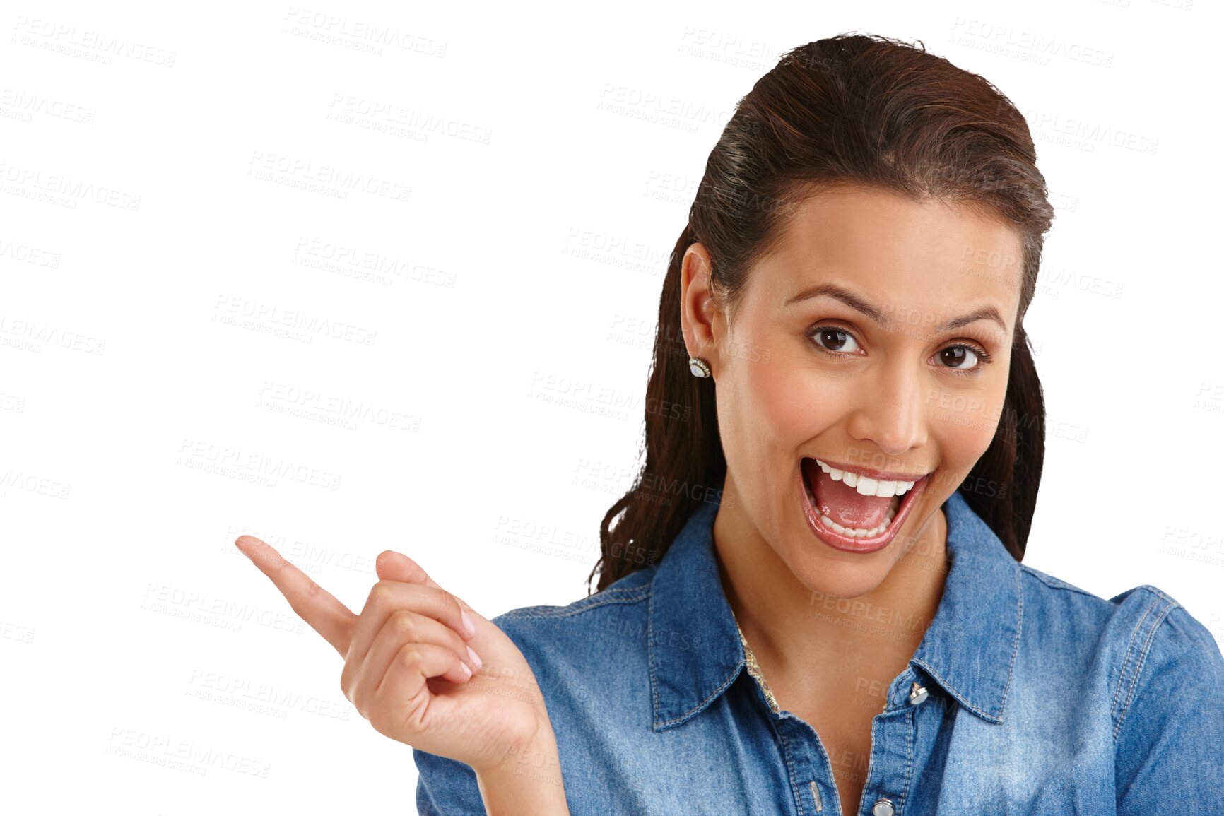 Buy stock photo Woman, face and excited with pointing finger or hand on a png transparent background for advertising space or marketing. Person, happiness and portrait for product placement, design or advertisement