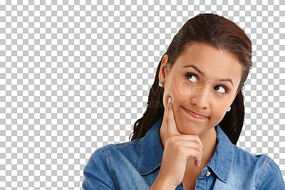 Buy stock photo Latino woman, thinking and planning to brainstorm, question and isolated on a transparent png background. Problem solving, deep thought, and idea contemplation for decision making, choice or solution