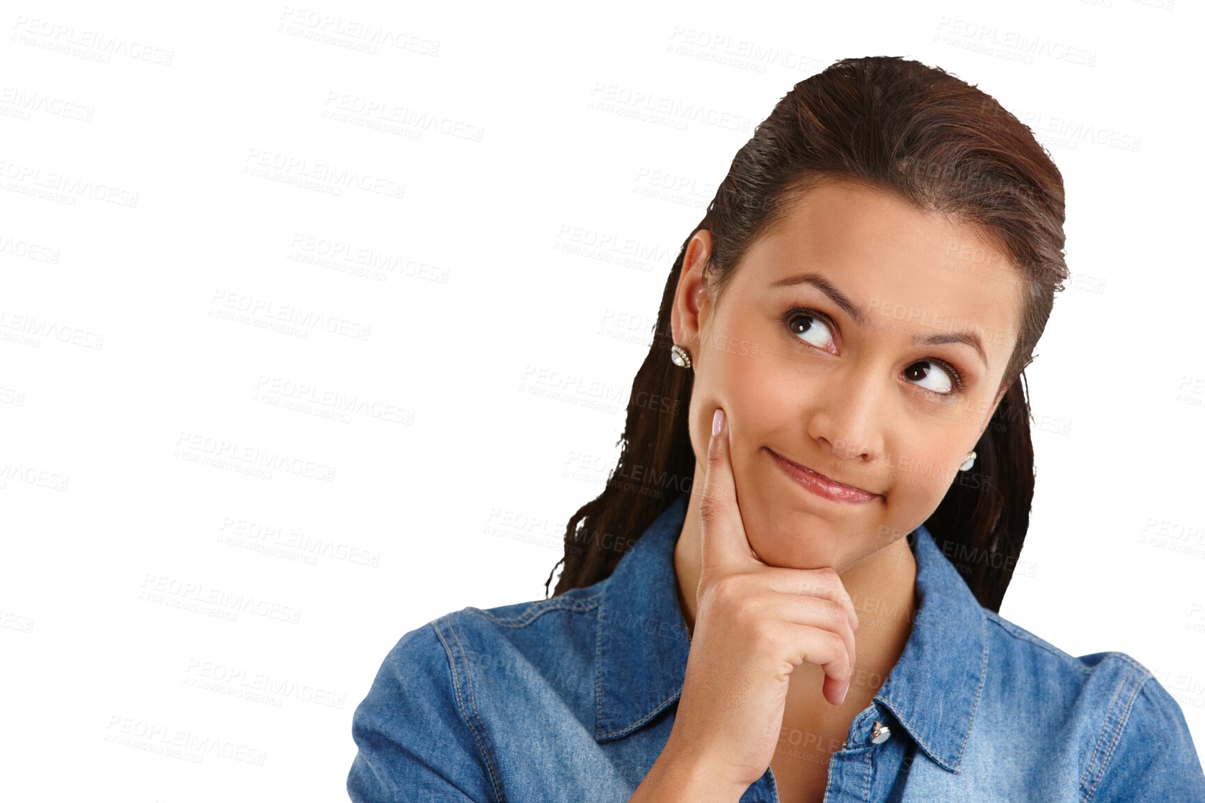 Buy stock photo Latino woman, thinking and planning to brainstorm, question and isolated on a transparent png background. Problem solving, deep thought, and idea contemplation for decision making, choice or solution