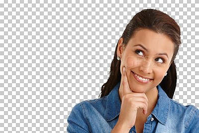 Buy stock photo Woman, thinking and smile with question, plan in isolated on a transparent png background, brainstorming and vision for idea. Filipino person, face and happy for creative, goal and imagine for dream